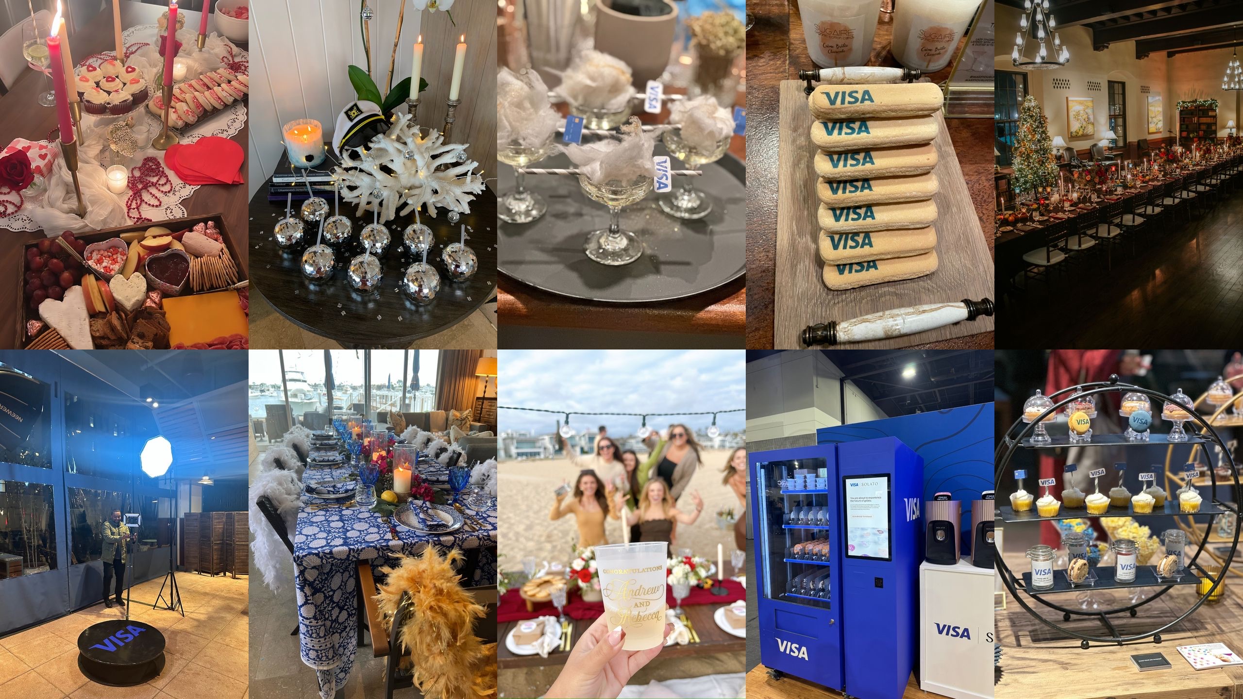 Collage of event experiences showcasing Annie's work including corporate events, celebrations, and elegant dining setups